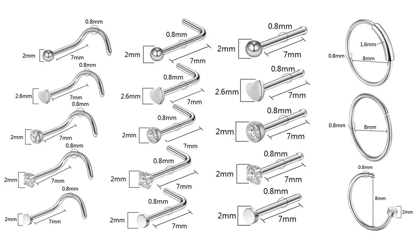 21pcs/set 20G Nose Ring Studs Hoops Screws Bend Rings Piercing Accessories