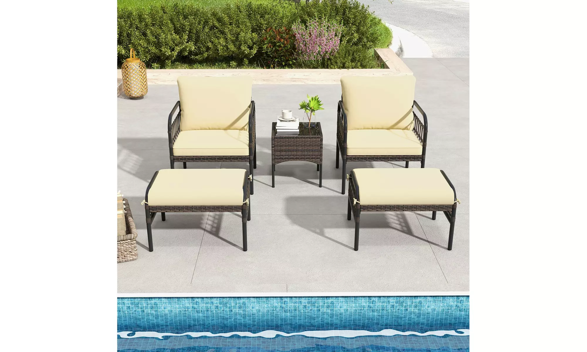 Costway 5 Piece Patio Conversation Set - Outdoor Wicker Chairs, Ottomans & Table