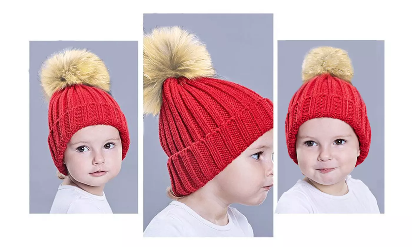 Warm Winter Kids Knitted Skull Cap Faux Fur Pom Beanie