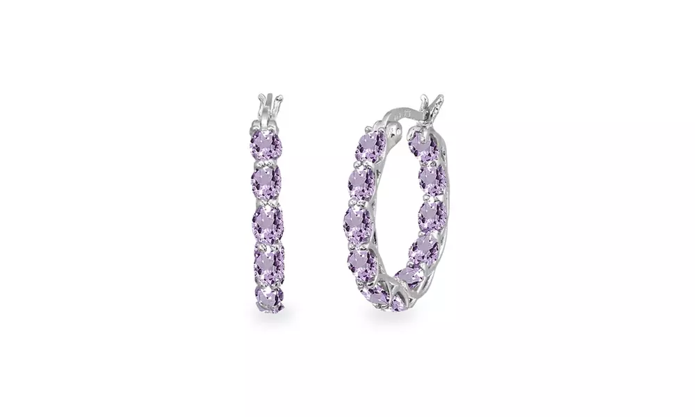 Sterling Silver Amethyst 4x3mm Oval Round 20mm Hoop Earrings - Primary Image