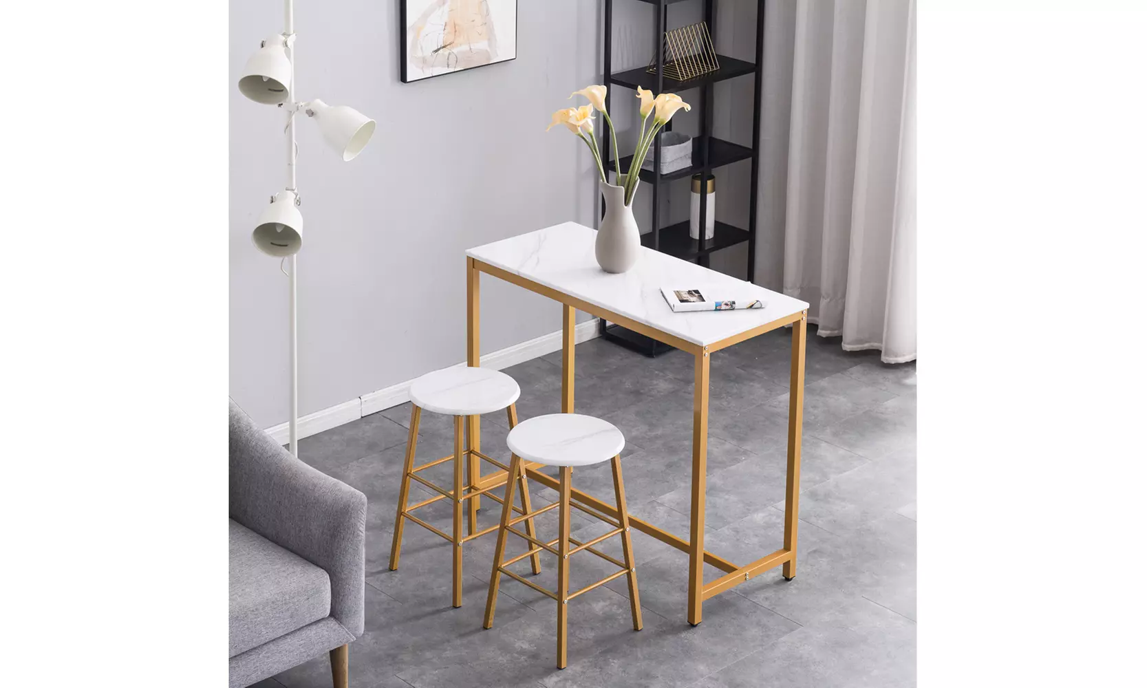 Bar Table Set with 2 Bar Stools PVC Marble Simple Bar Table Golden Paint - Primary Image