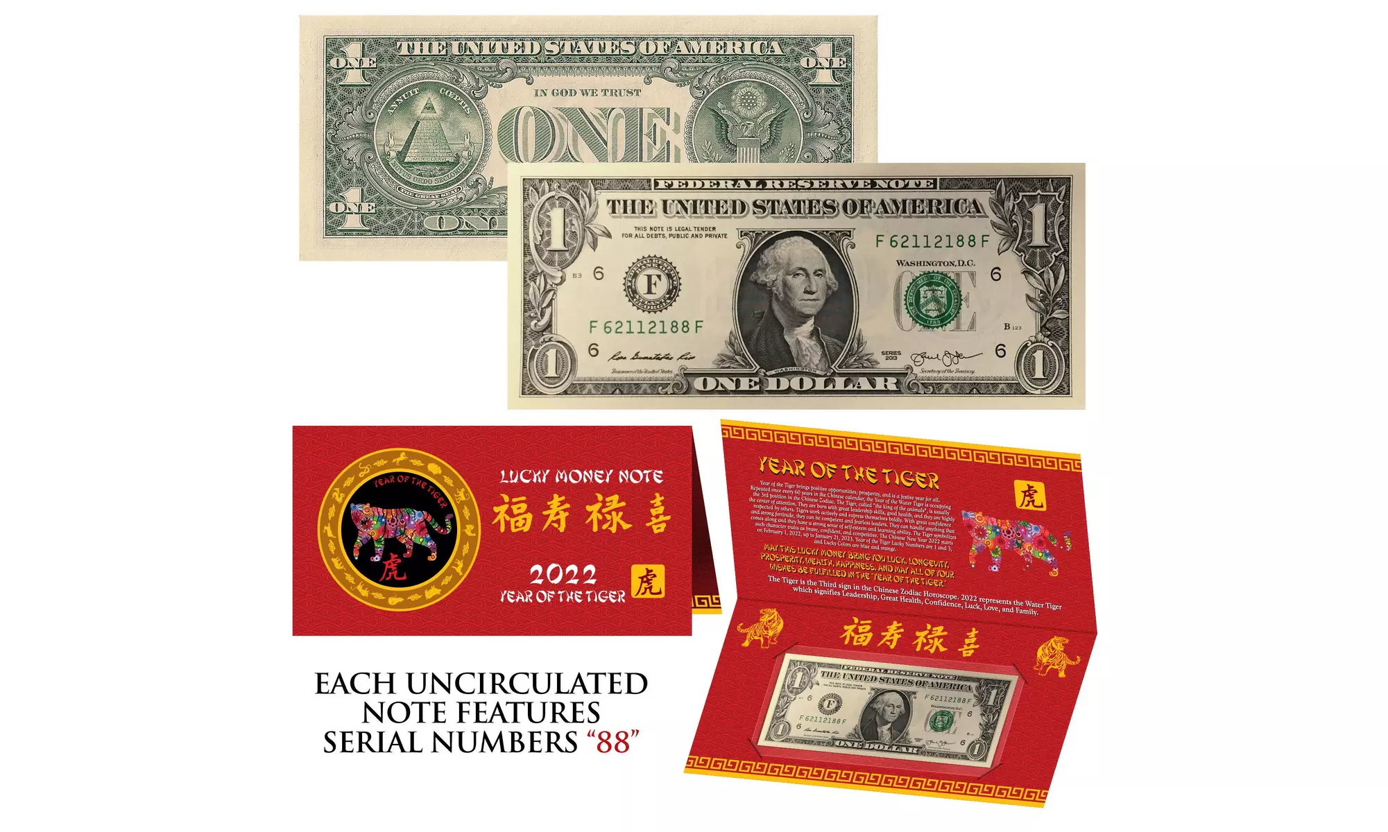 2022 Lunar Chinese New YEAR of the TIGER Lucky 1 Dollar Bill Red Folder - SN 88