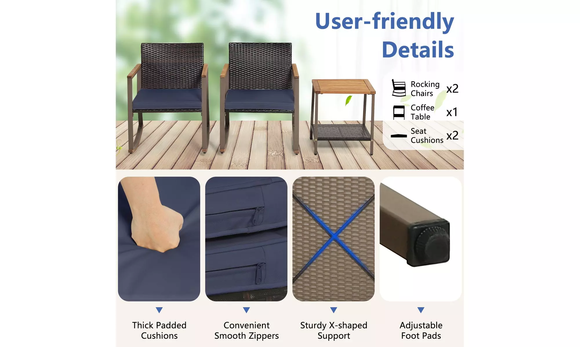 Costway 3 PCS Patio Rattan Rocking Chair Bistro Set Armrest Cushion Table