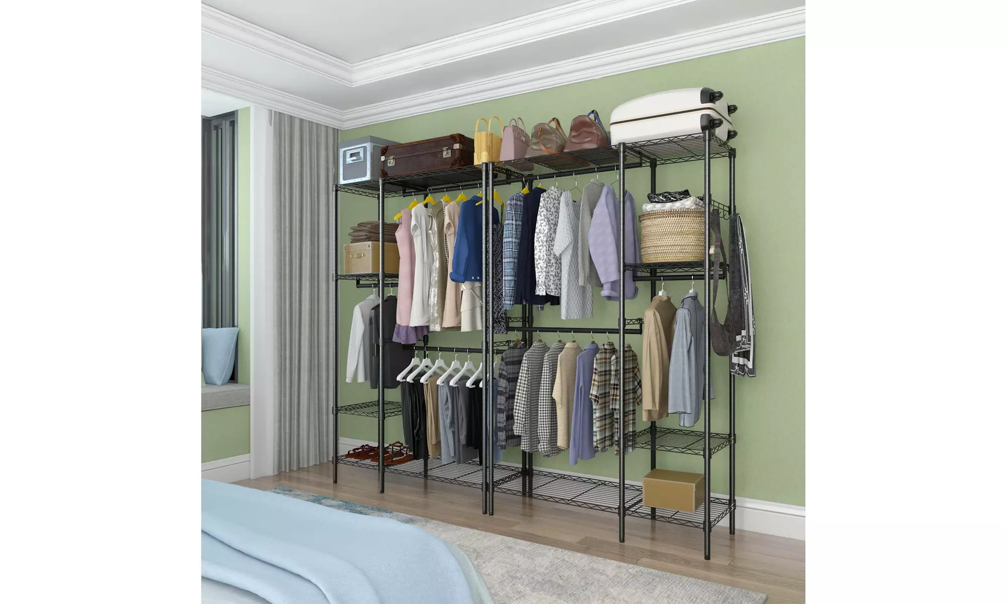 91" L Wire Garment Rack Clothes Rack with 6 Hanger Rods and 8 Shelves Black