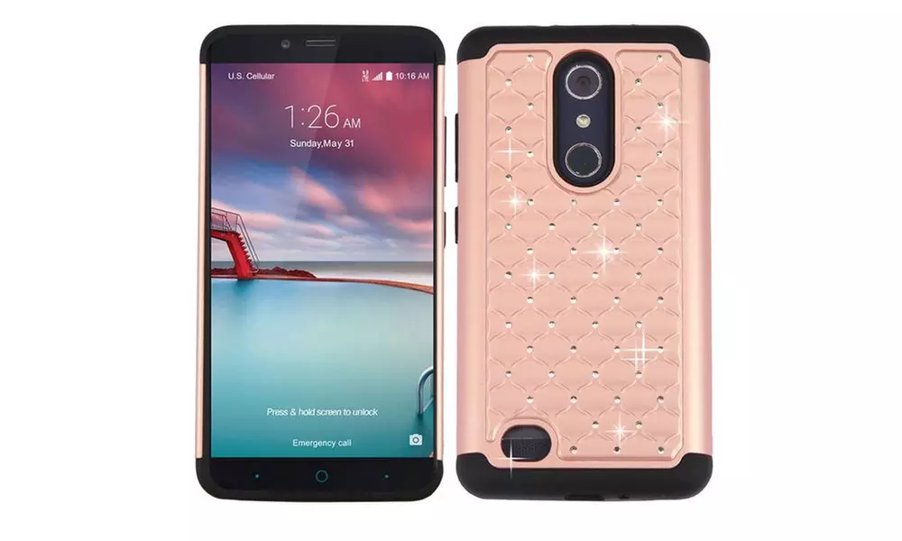 For ZTE Zmax Pro Z981 Bling Diamonds Hybrid Bumper Hard Case Cover - Primary Image