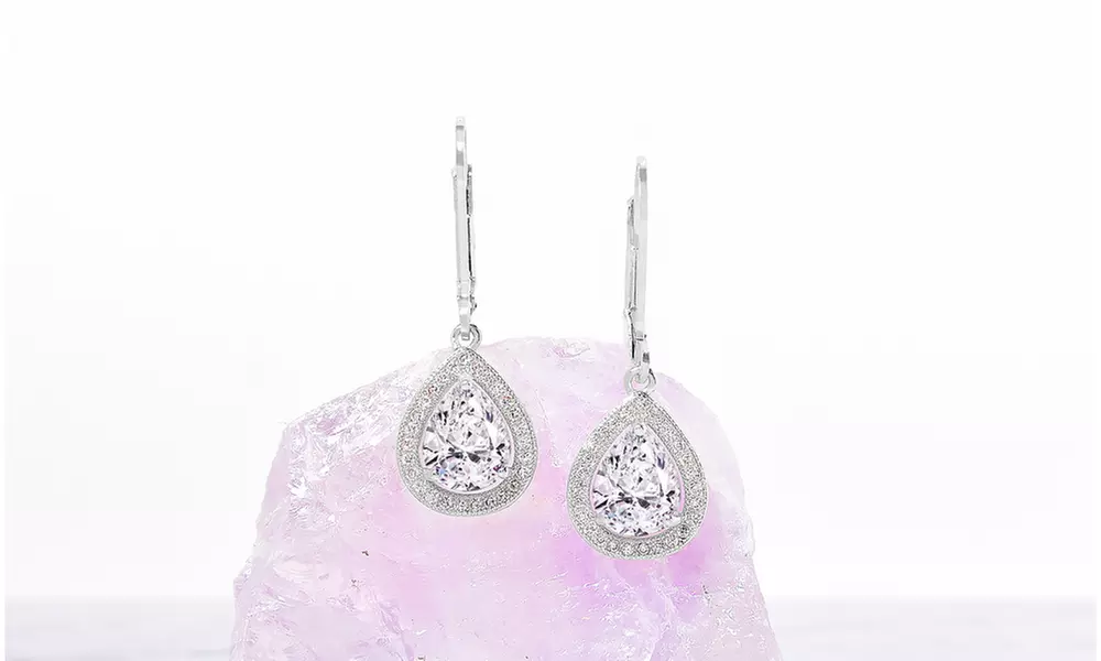 Cubic Zirconia StonesPear Halo Drop Earrings 
