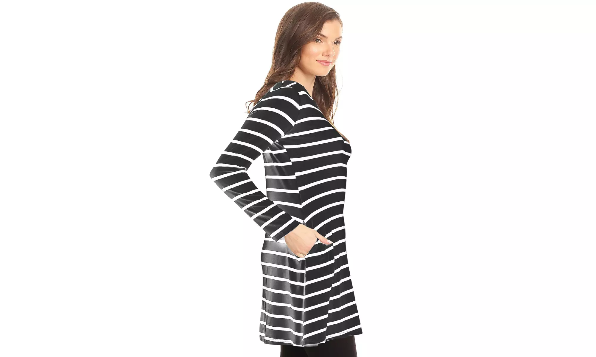 Striped A-Line Pockets Long Sleeves Relaxed Fit Dress Tee Top