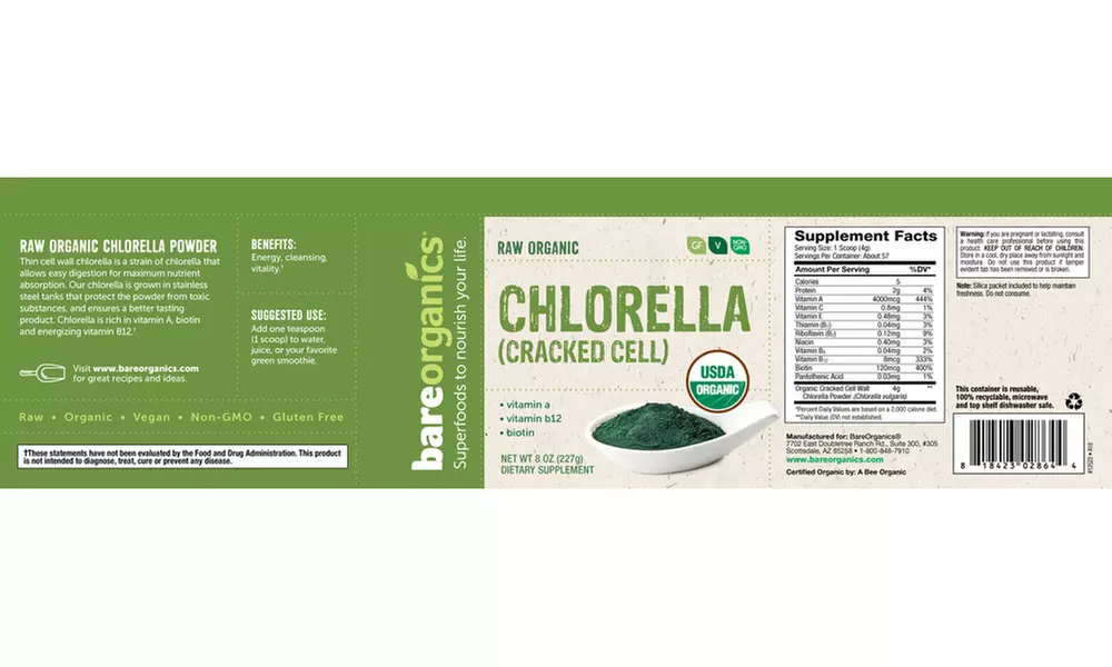 BareOrganics Organic Cracked Cell Wall Chlorella Powder (8oz.) - Second Medium