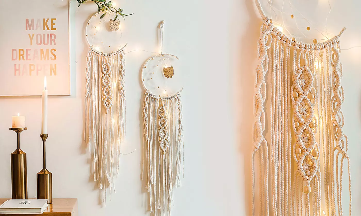 North Europe Bohemian Macrame Wall Hanging Tapestry Owl With Led Light - Primary Image