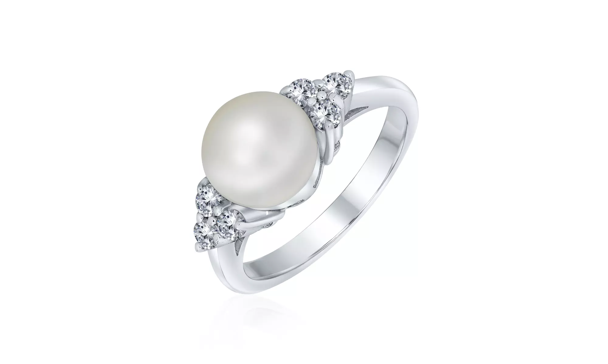 CZ Side Stone White Freshwater Pearl Engagement Ring .925 Silver - Primary Image