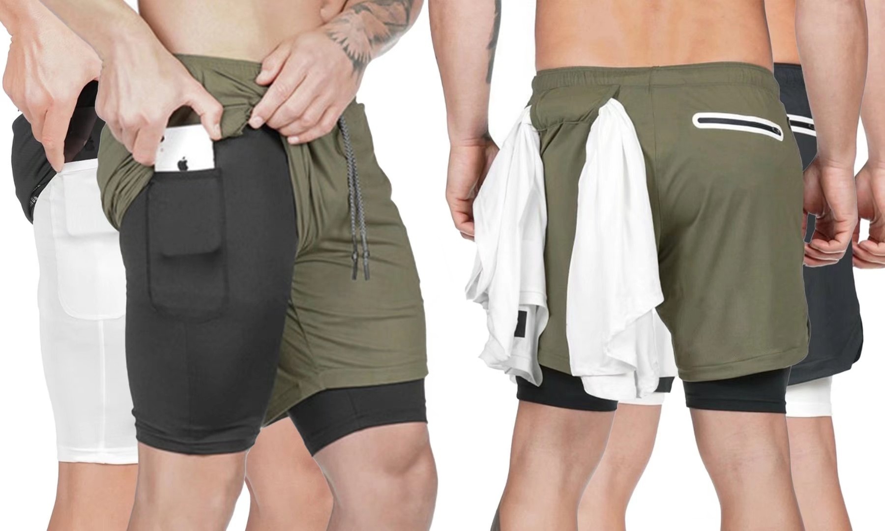 Mens 2 in 1 Running Shorts Quick Dry Workout Shorts with Phone Pockets - Primary Image