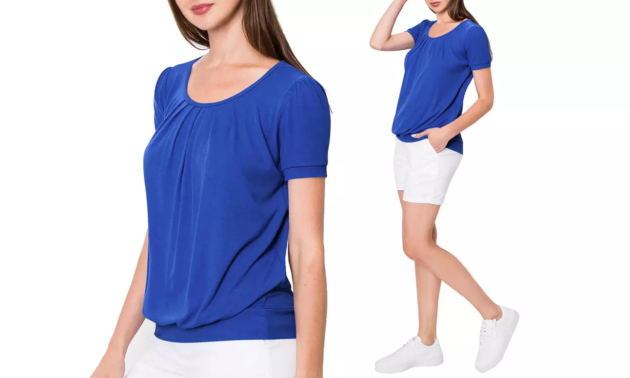 Made by Johnny Women's Scoop Neck Short Sleeve Front Pleated Blouse