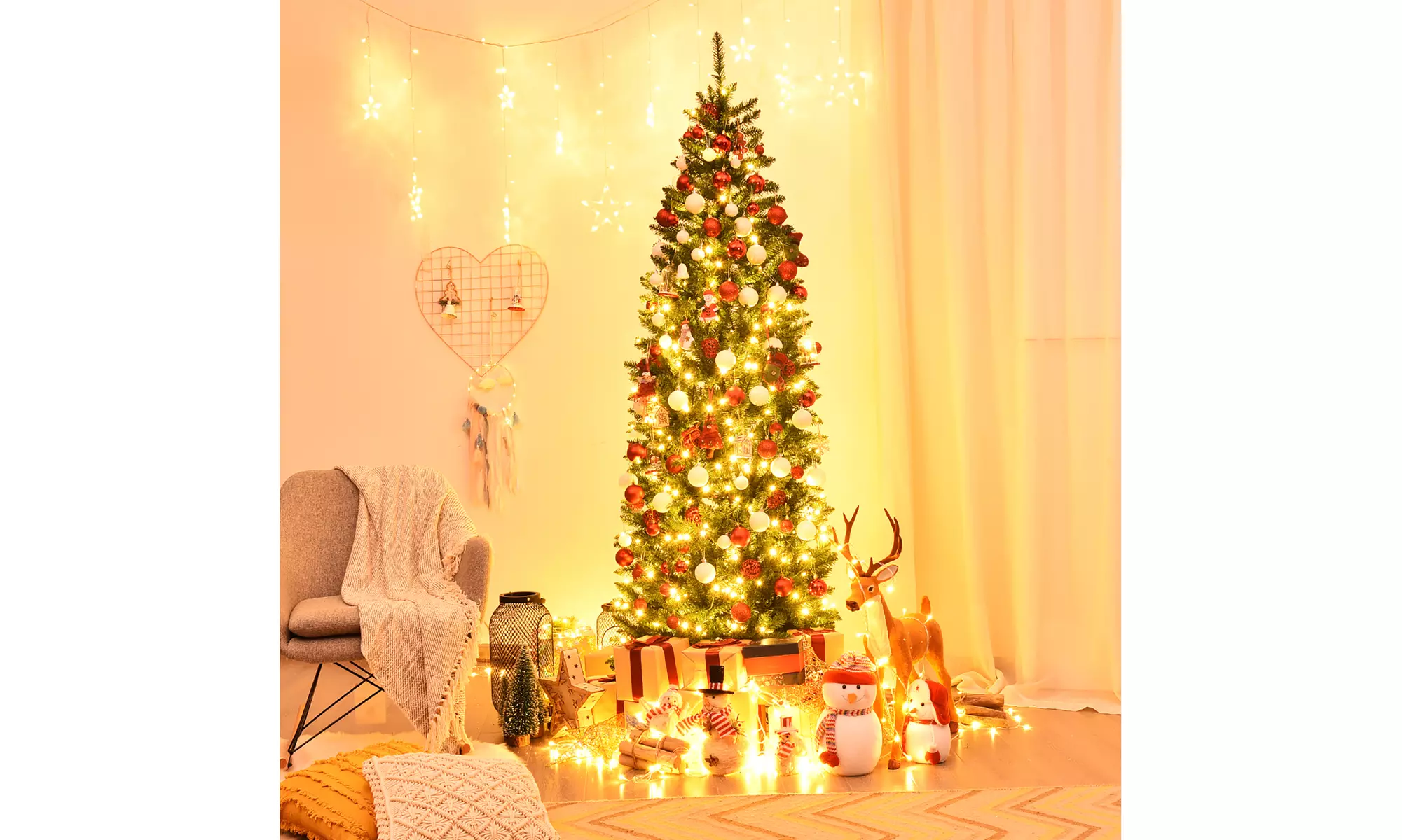Costway 7Ft Pre-lit Artificial Pencil Hinged PVC Christmas Tree/350 LED Lights