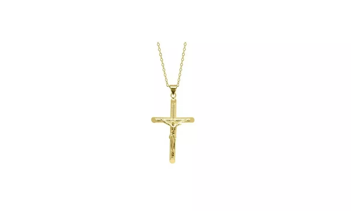 925 Sterling Silver Plated Diamond Cut Crucifix Cross Necklace Pendant 18" Inch