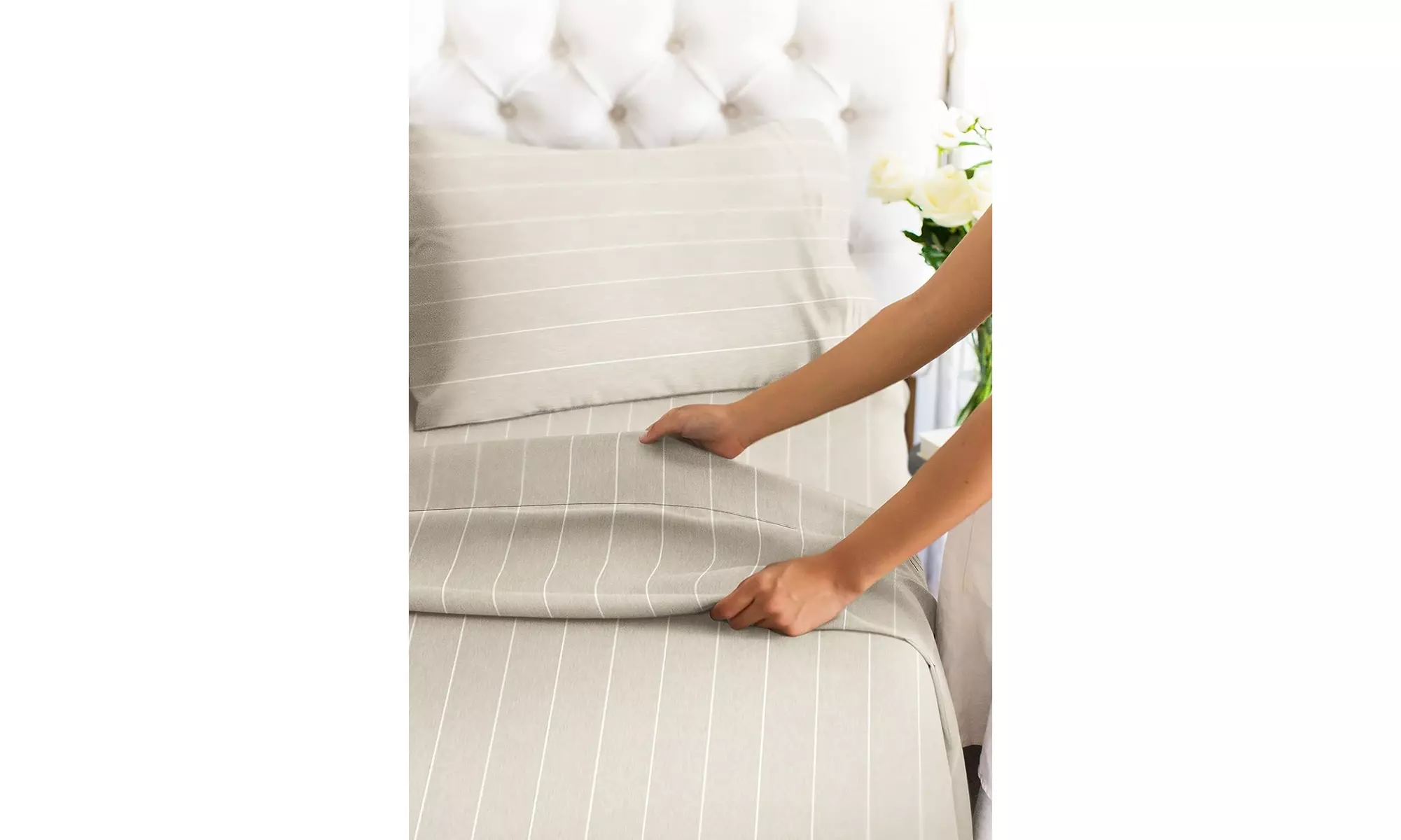 Striped Bed Sheets - Beige Sheets - Tan Striped Sheets - Window Pane Sheets - Second Medium