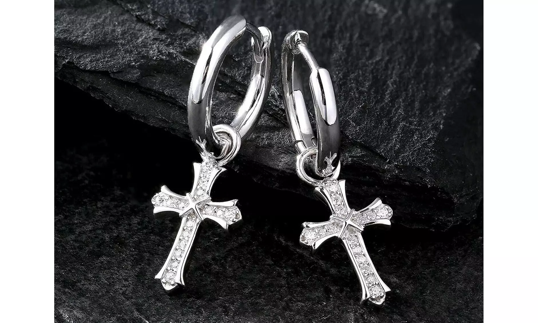 Men & Women 18K White Gold Plated CZ Cross Leverback Huggie Hoop Drop Earrings