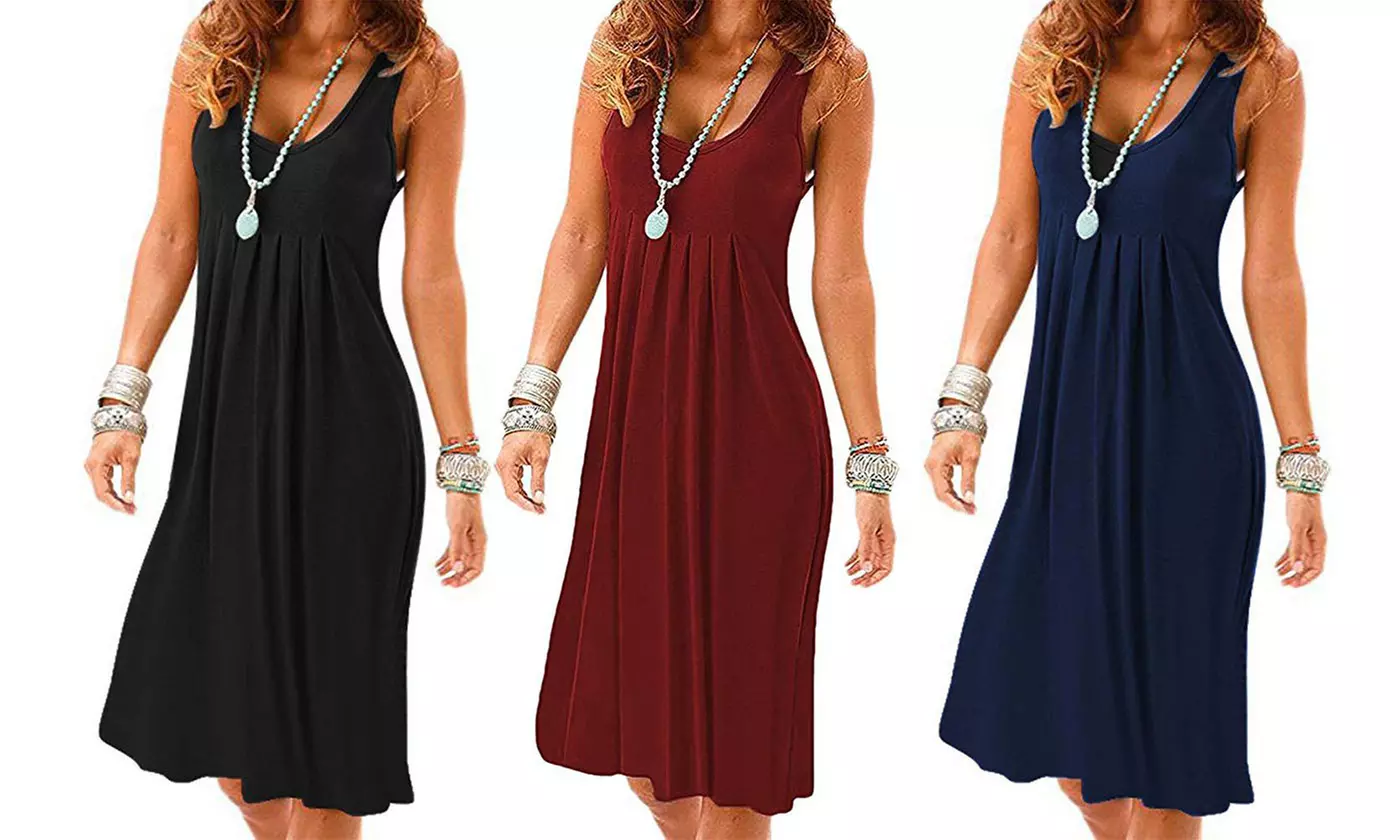 Women's Sleeveless Pleated Loose Swing Casual Dress with Pockets - Primary Image
