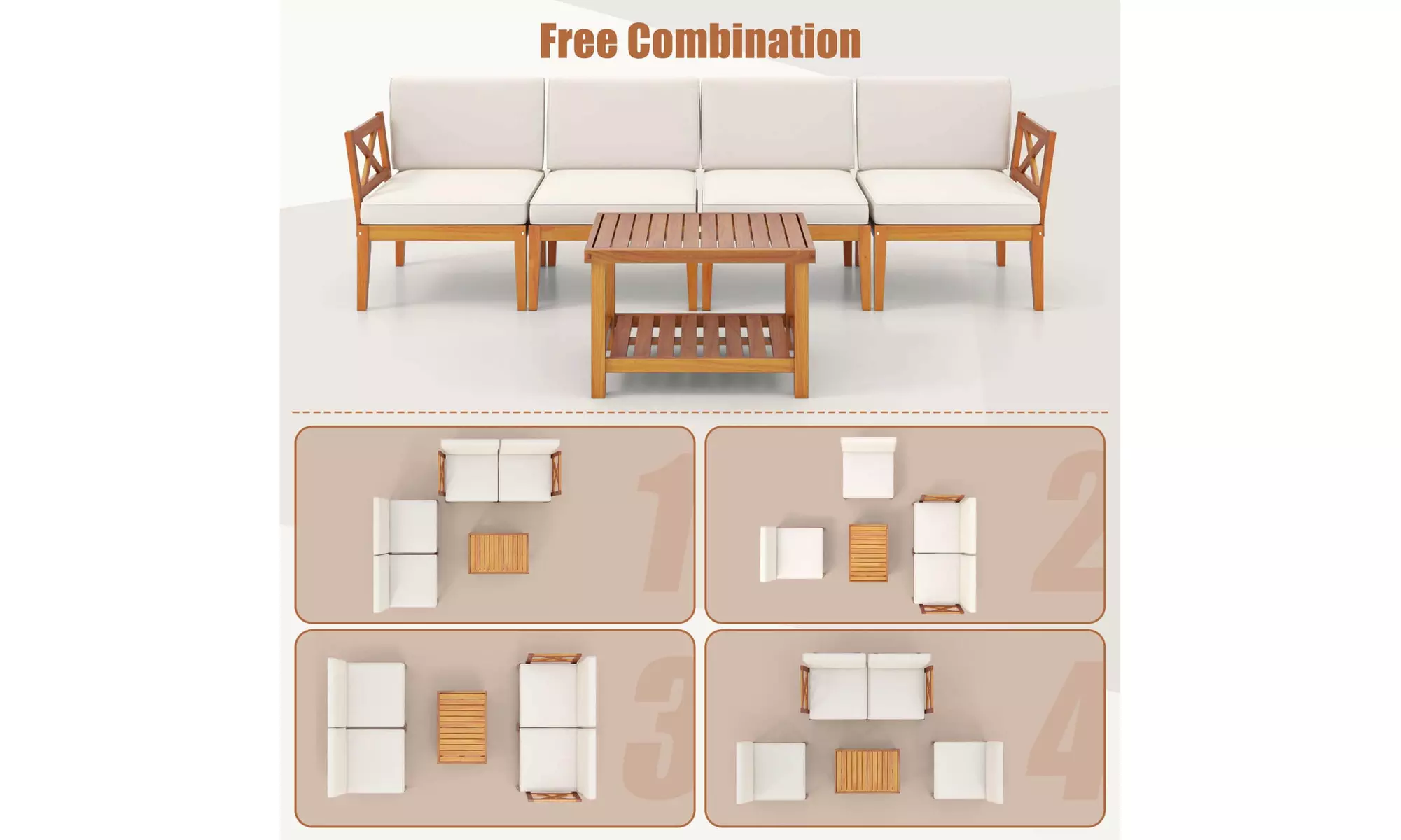 Costway Acacia Wood Patio Furniture Set with Cushions and 2-Tier Coffee Table