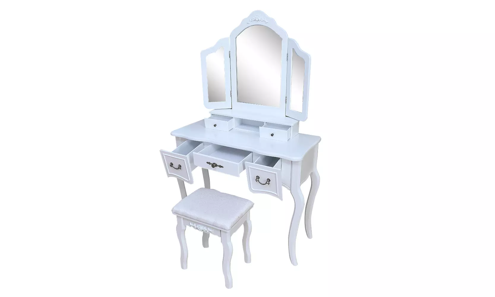 3-Fold Mirror Dresser with Dressing Stool White - Primary Image