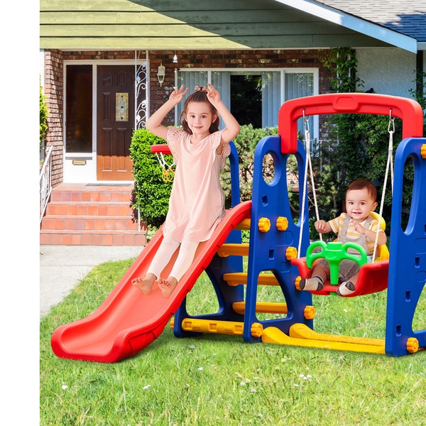 costway 3 in 1 junior children climber slide swing seat basketball hoop playset backyard