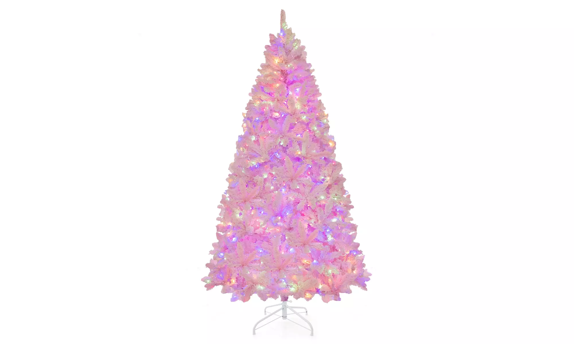 Costway 7 FT Flocked Artificial Christmas Tree Hinged LED Lights 1200 Branch Tip - Primary Image