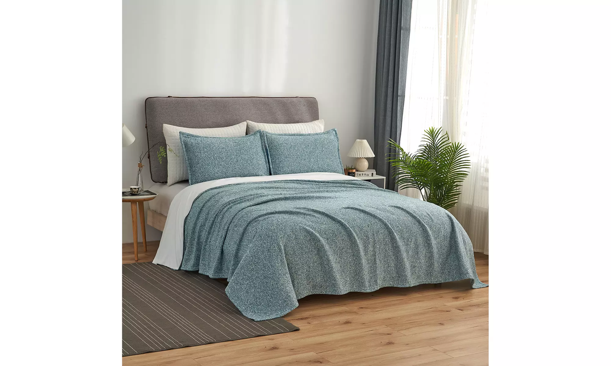 2-3 Piece Knit Weave Bed Blanket Set,Lightweight Fuzzy Jersey Blanket With Shams
