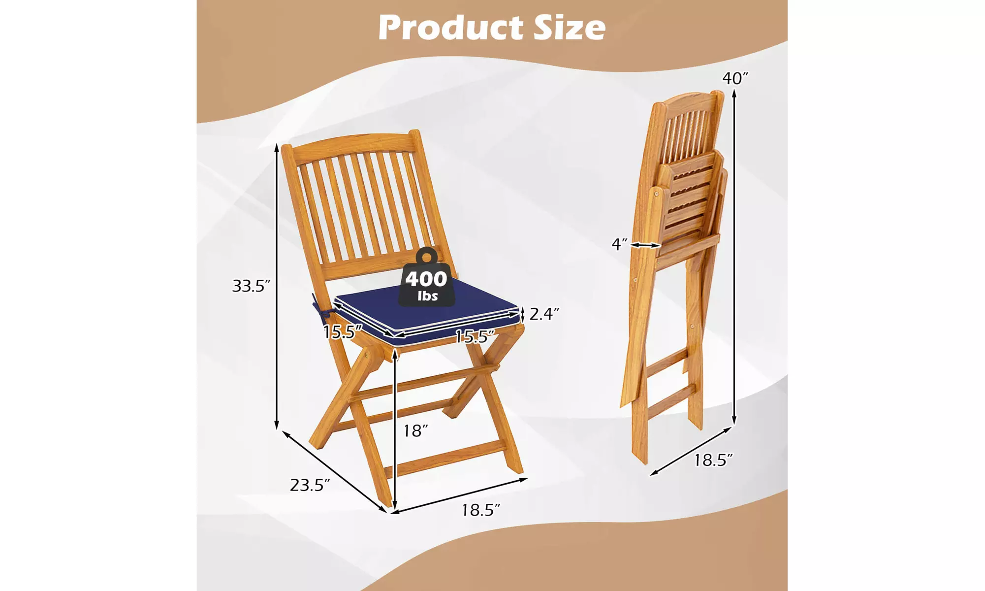 Costway Outdoor Folding Chairs Acacia Wood High-Back Chair with Seat Cushions