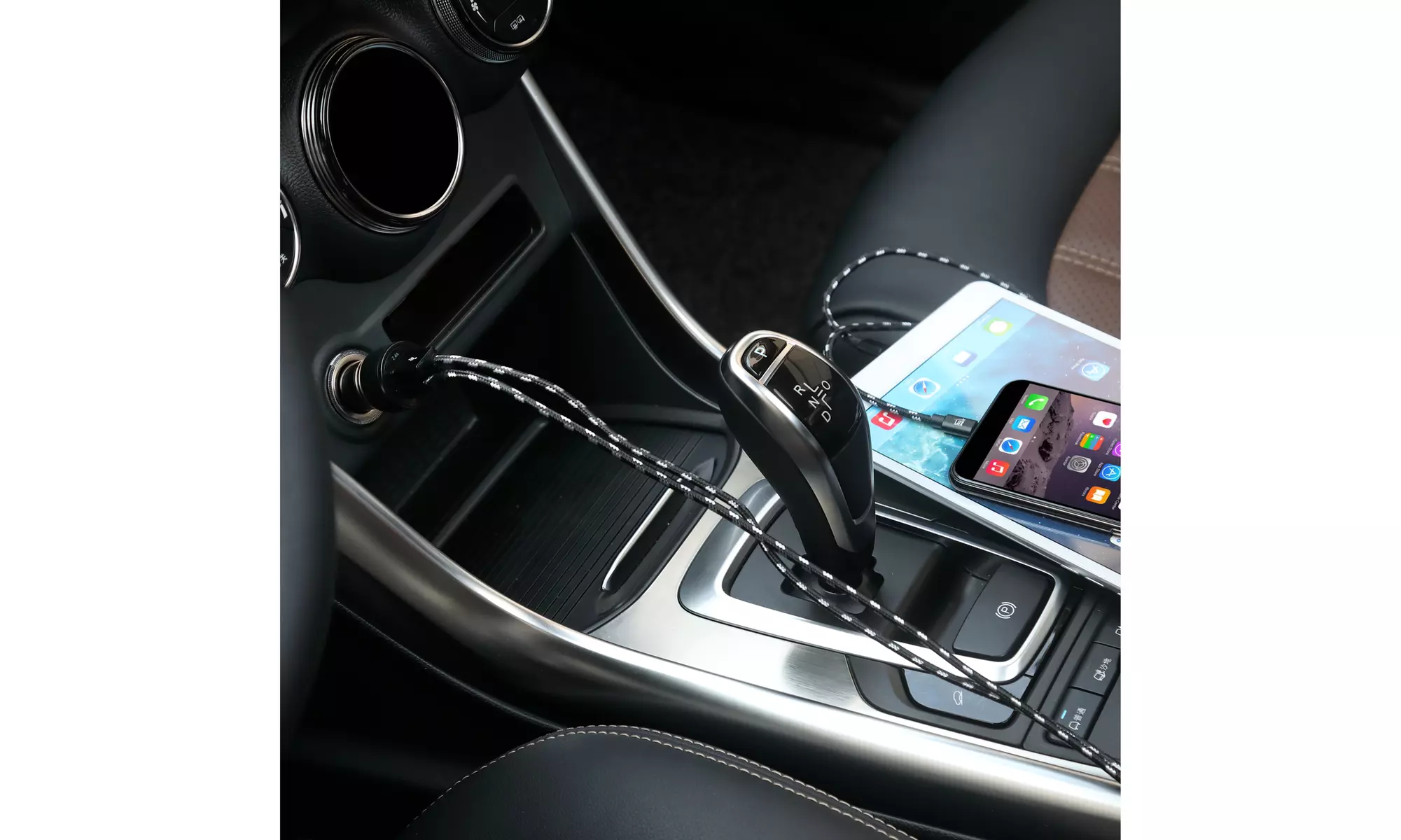 LAX Dual USB Fast Car Charger with Braided Cable (6ft) for iPhone & Android - Primary Image