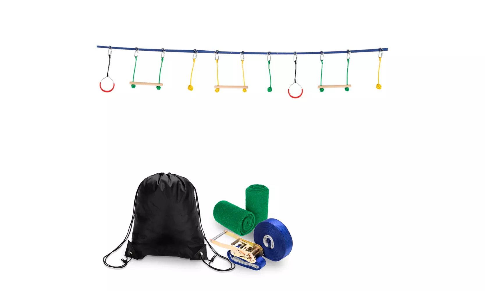 Ninja Warrior Obstacle Course Line Kit, 40' Slackline & 7 Hanging Obstacles - Primary Image