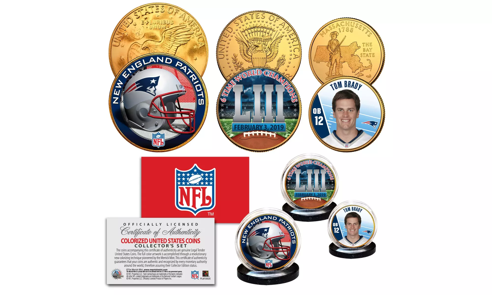 Super Bowl LIII 53 Champions New England Patriots 24K Gold Clad 3-Coin Set-BRADY