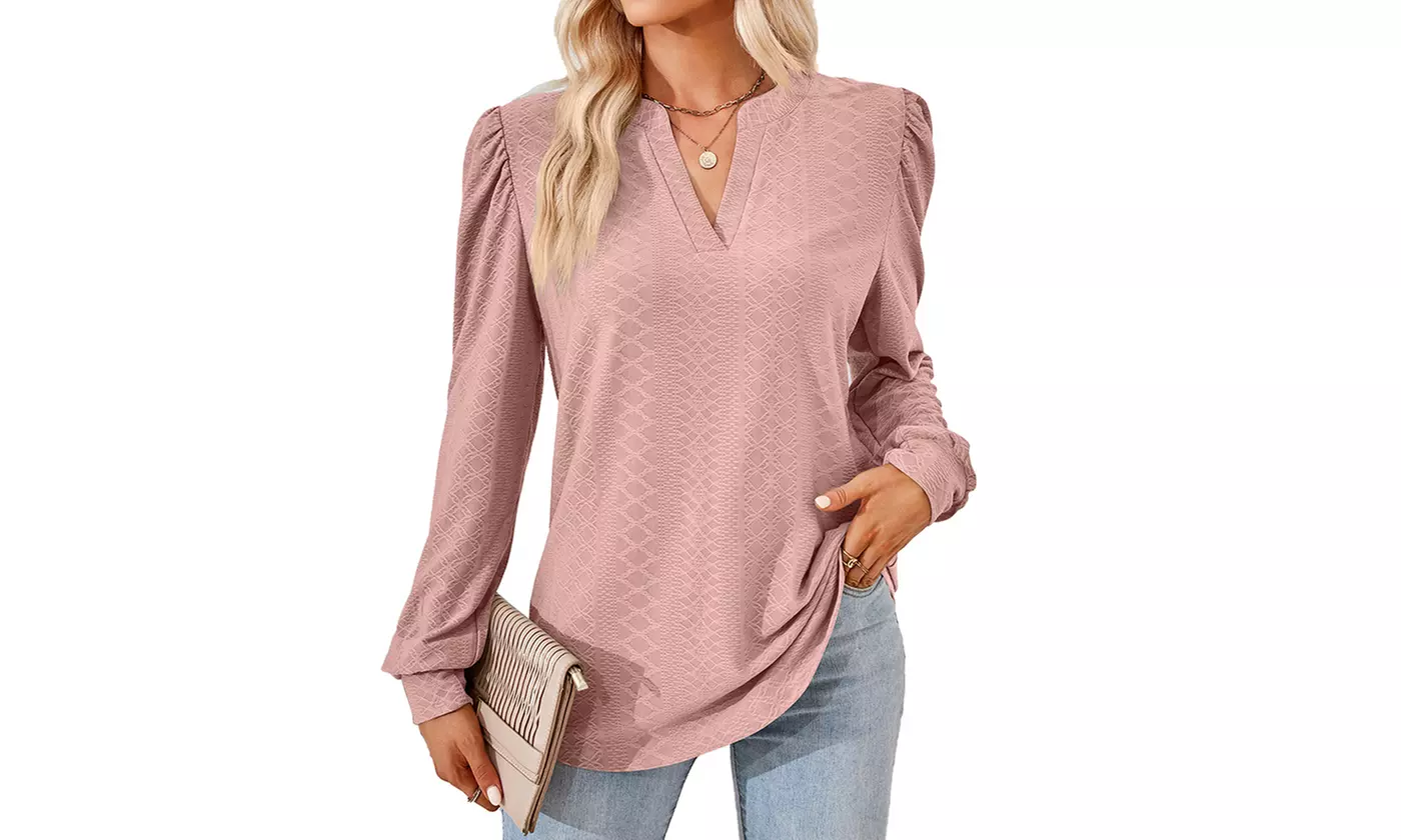 Women Long Sleeve V Neck Tunic Blouse