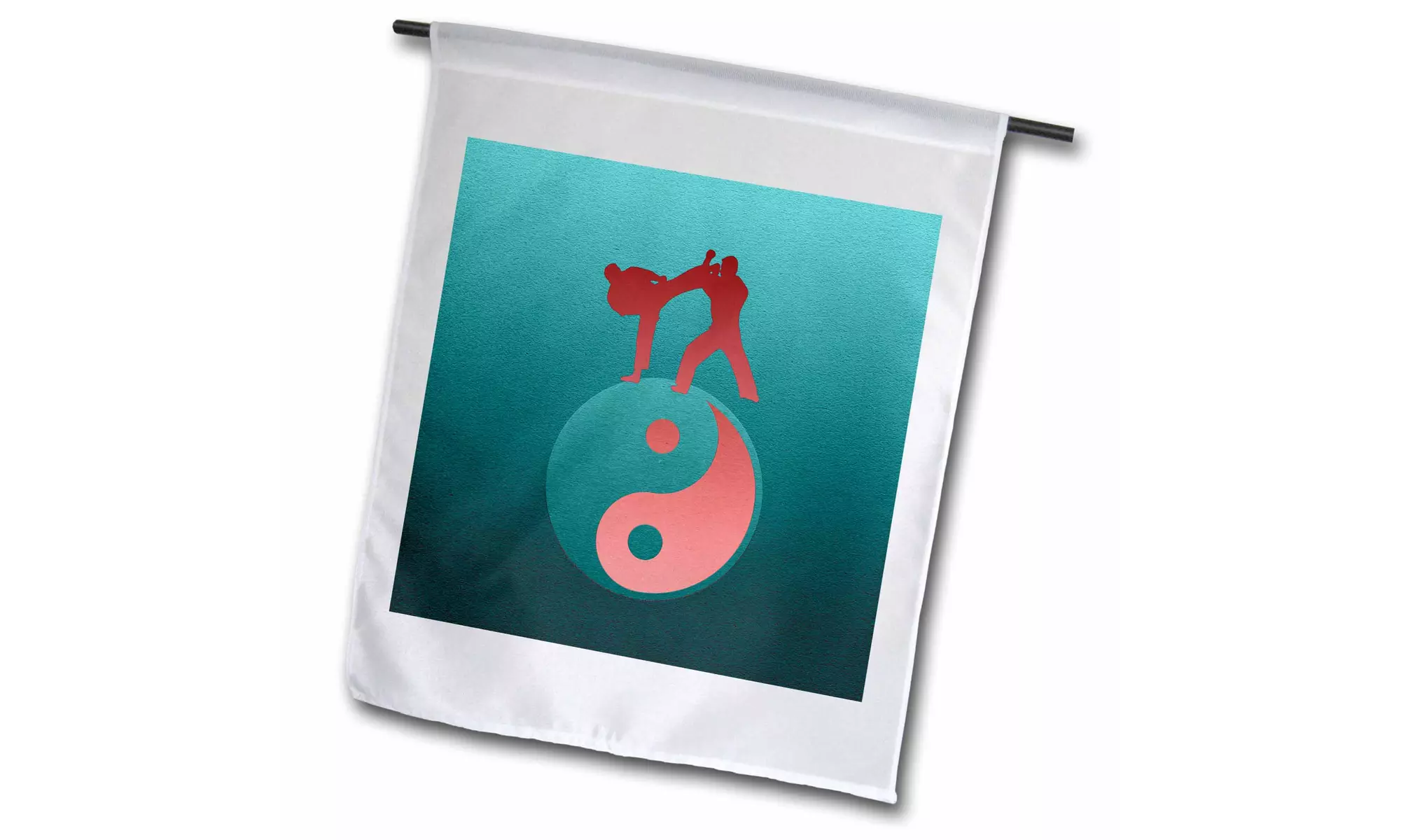  Garden Flag Karate Yin-yang Sign with Men Training, Aqua Green, and Coral - Primary Image