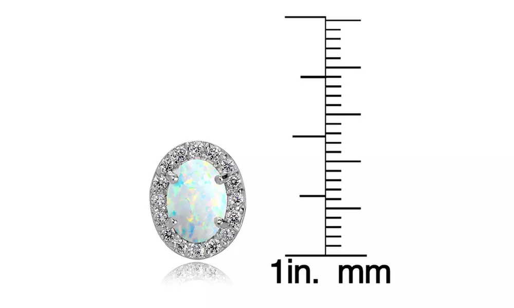 Synthetic White Opal and Topaz Oval Halo Stud Earrings in 925 Sterling Silver