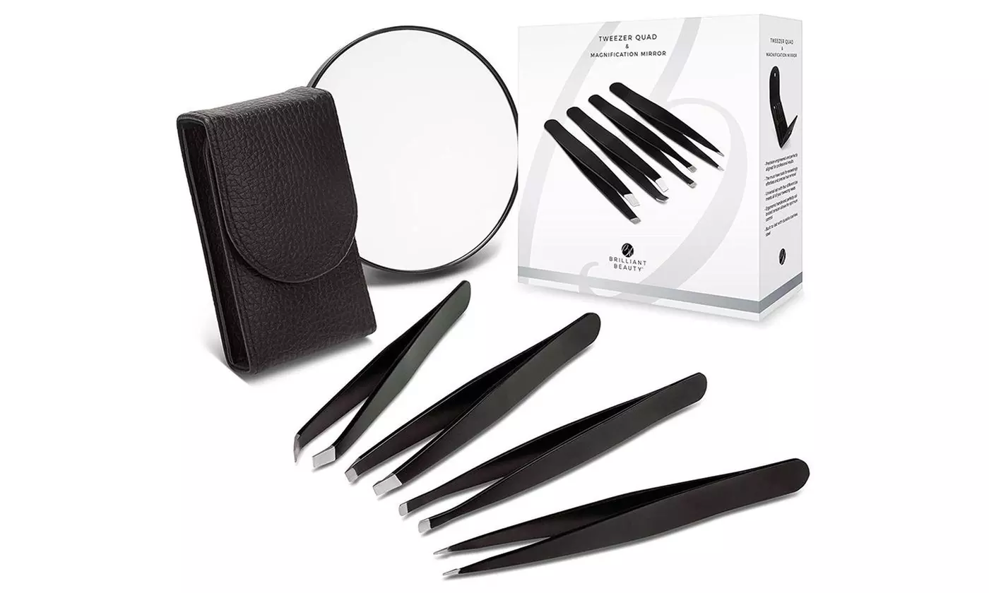 4-Piece Precision Tweezer Set w Luxurious Leather Case & 10x Magnifying Mirror - Primary Image