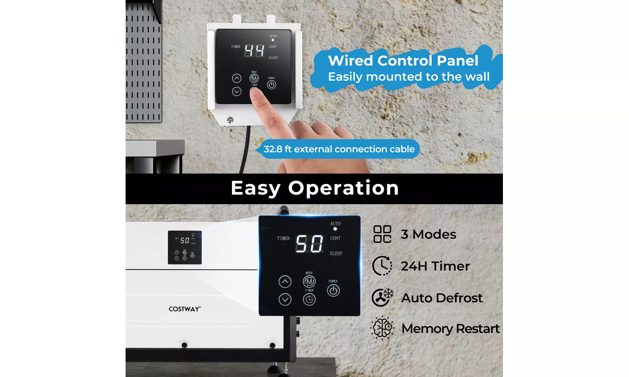 Costway Crawl Space Dehumidifier Commercial Dehumidifier w/ 3 Modes & 24H Timer