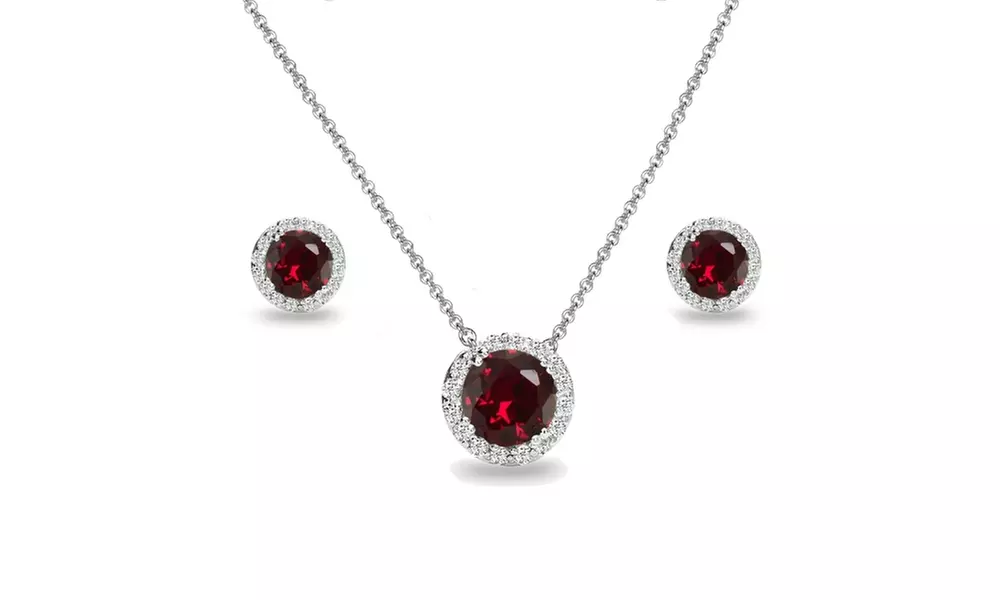 Ruby and White Topaz Round Halo Necklace & Stud Earrings Set in Sterling Silver - Primary Image