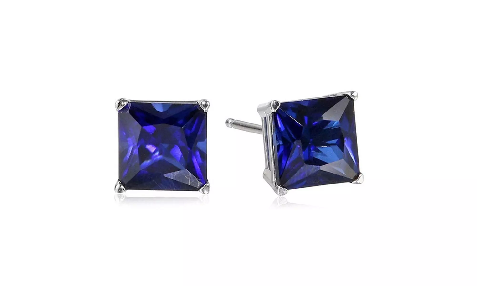 14k White Gold plated 4 Ct Princess Cut Blue Sapphire Stud Earrings