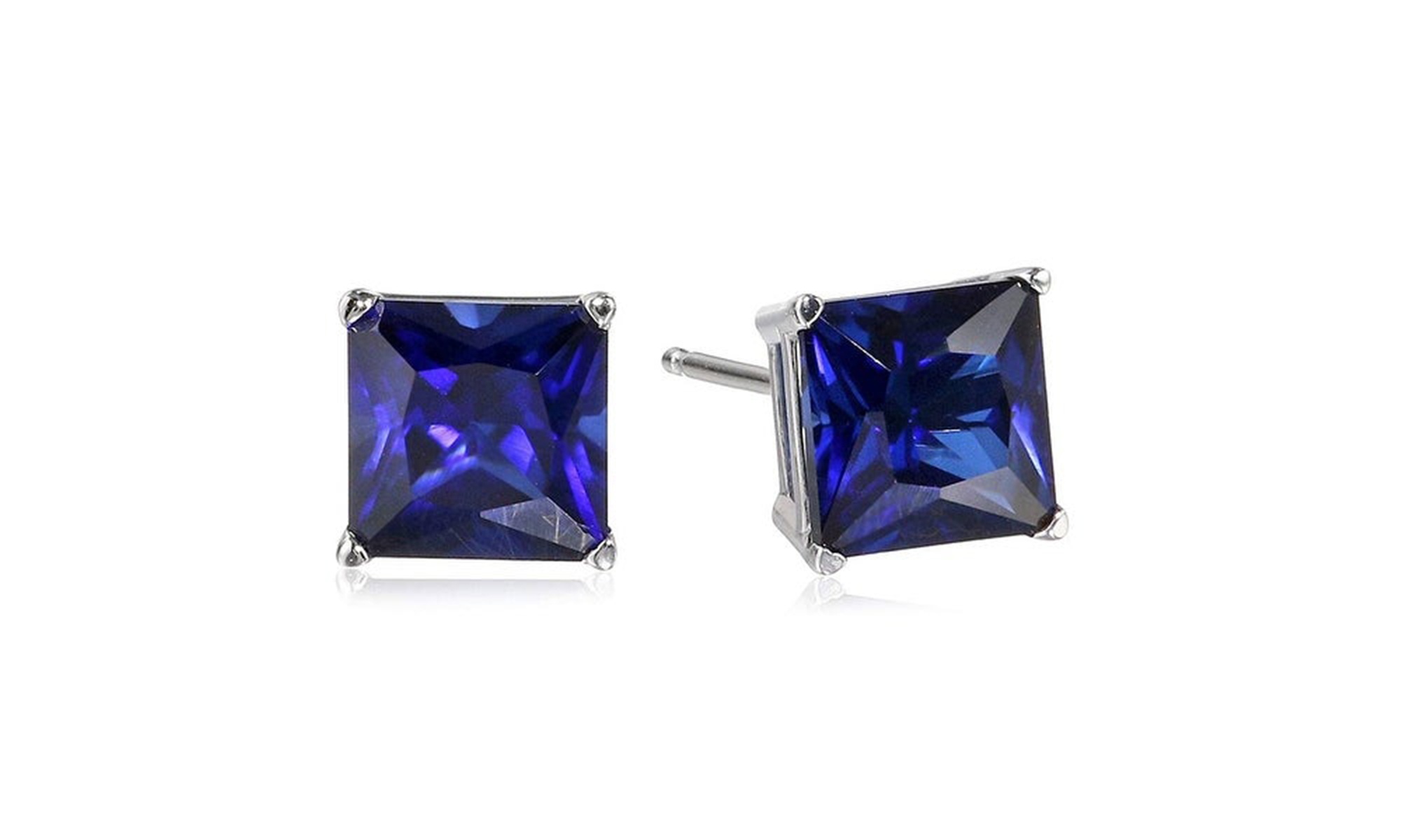 14k White Gold plated 4 Ct Princess Cut Blue Sapphire Stud Earrings