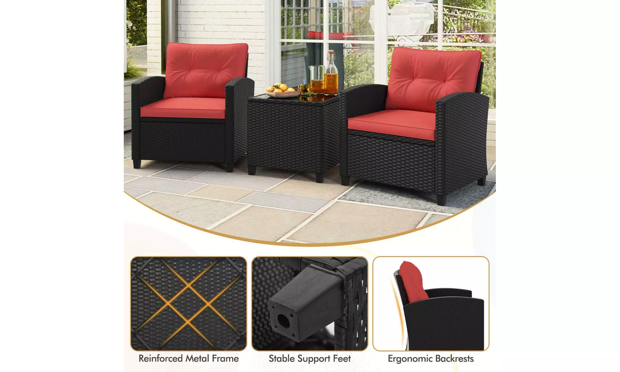  Three-Piece Costway Patio Furniture Set with Tempered Glass Coffee Table