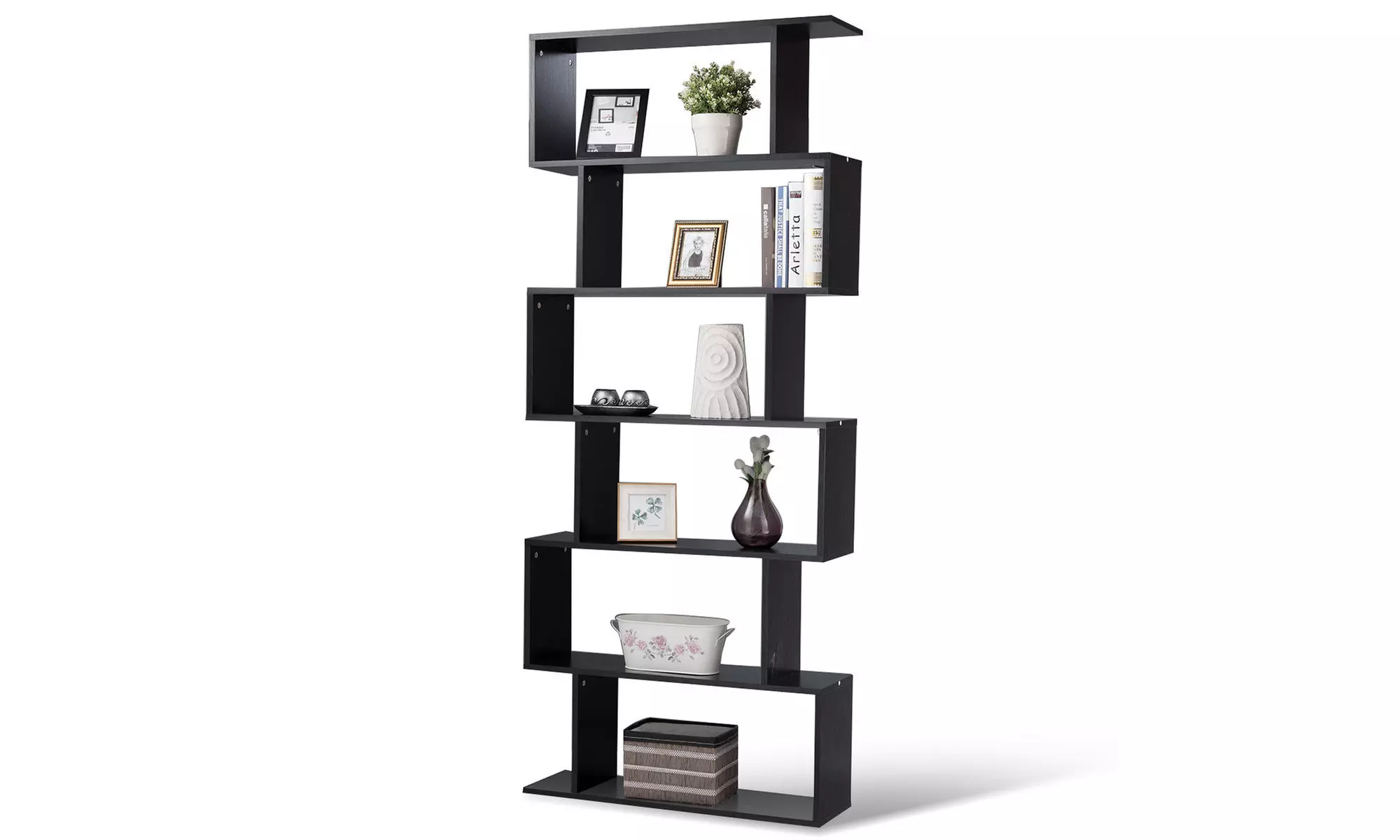 6 Tier S-Shaped Bookcase Z-Shelf Style Storage Display Modern Bookshelf Black - Primary Image