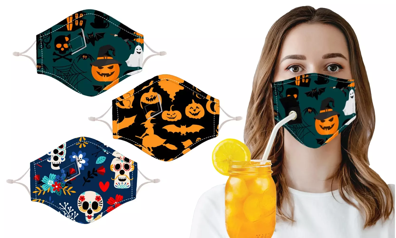 Halloween Special Reusable Face Mask With Drinking Straw Hole (3-Pack) - Primary Image