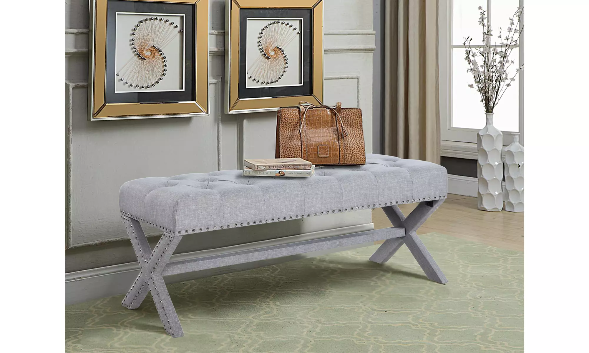 Mischa Updated Neo Traditional Polished Nailhead Tufted Linen X Bench - Primary Image
