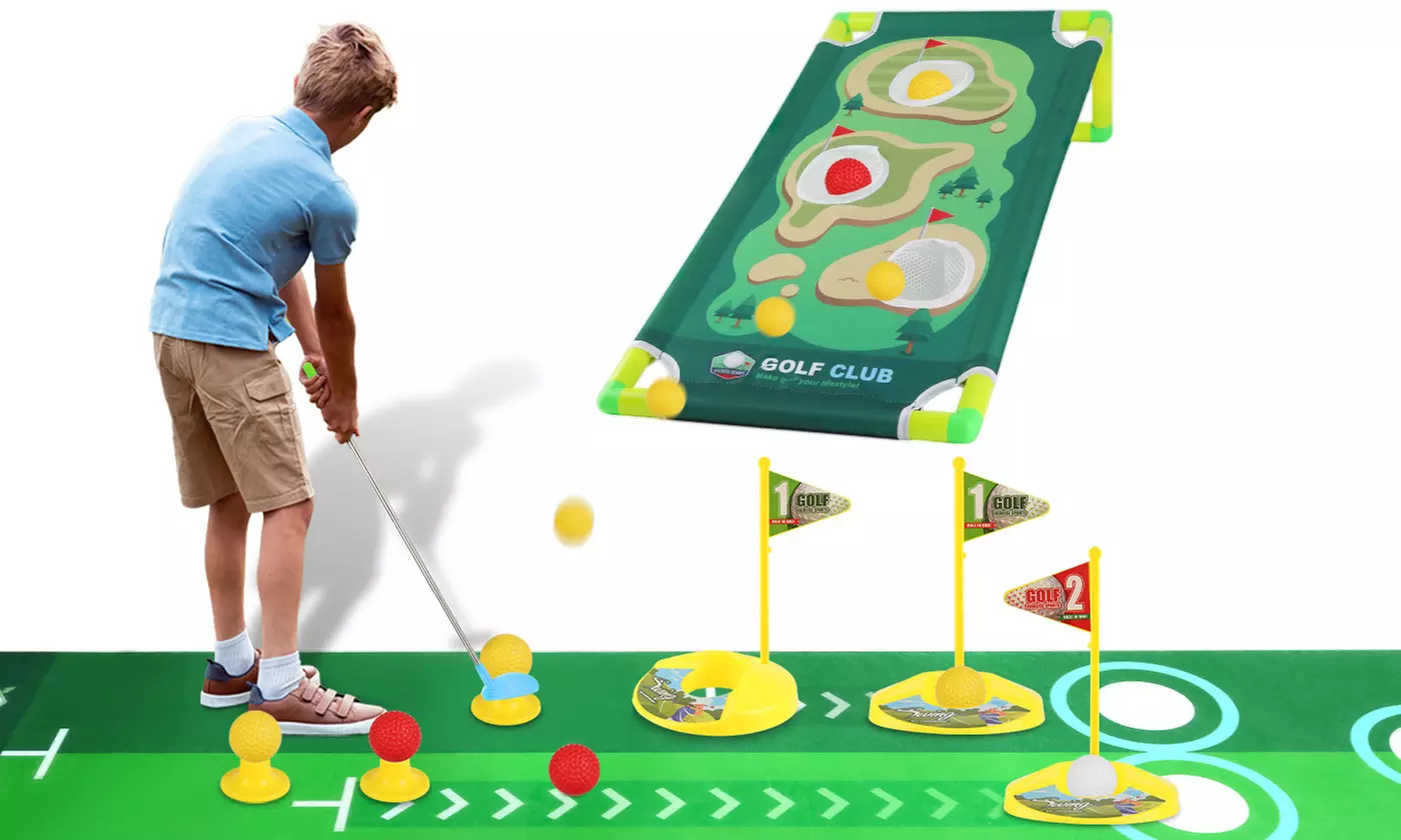 iMounTEK Kids Golf Play Set with Clubs Balls Putting Mat and Cornhole Game