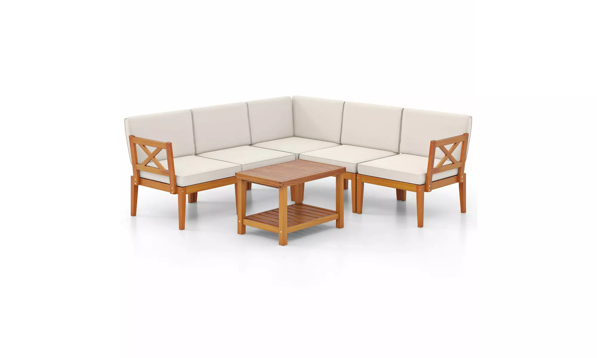 Costway Acacia Wood Patio Furniture Set with Cushions and 2-Tier Coffee Table