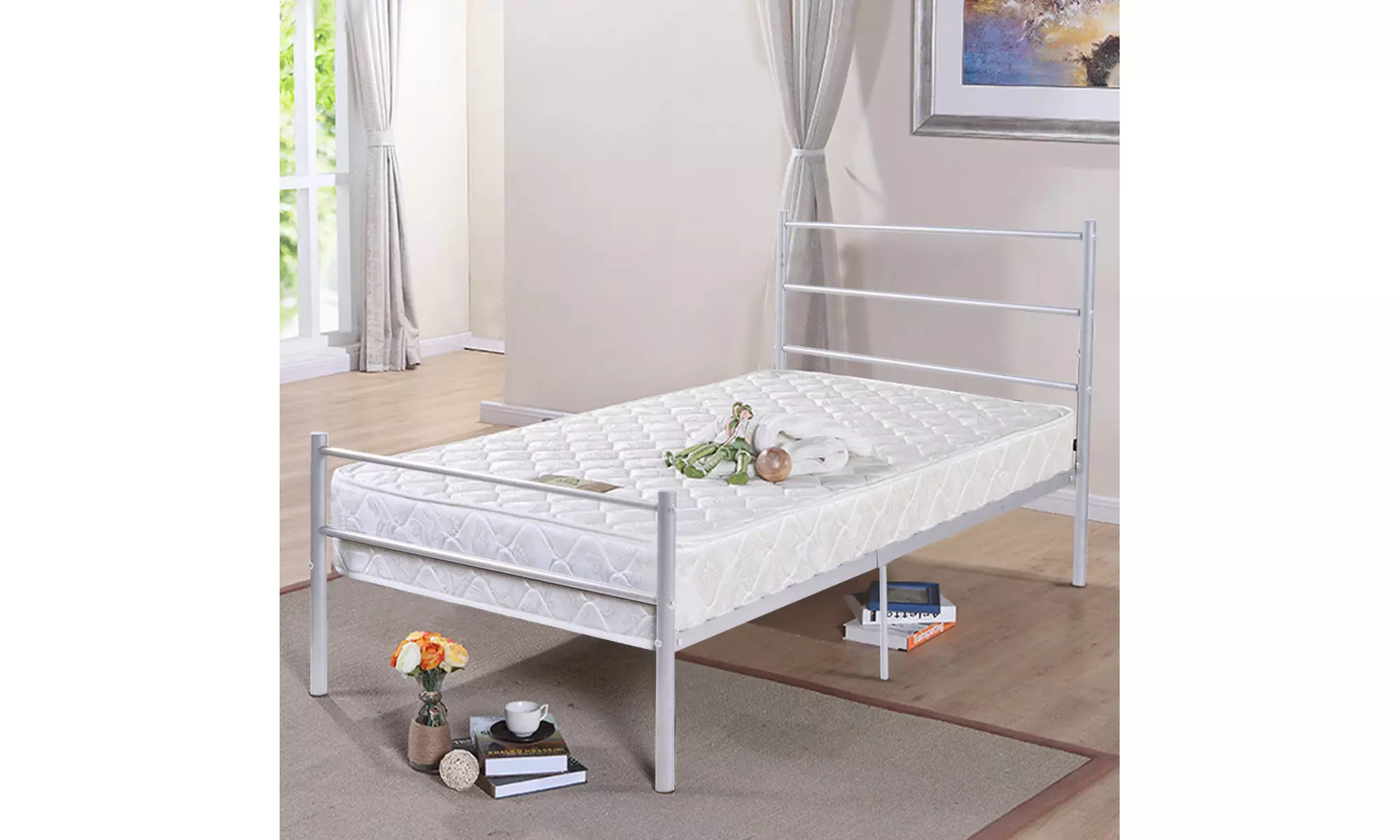 Black Twin Size Metal Bed Frame Platform 6 Legs Headboards Furniture - Primary Image