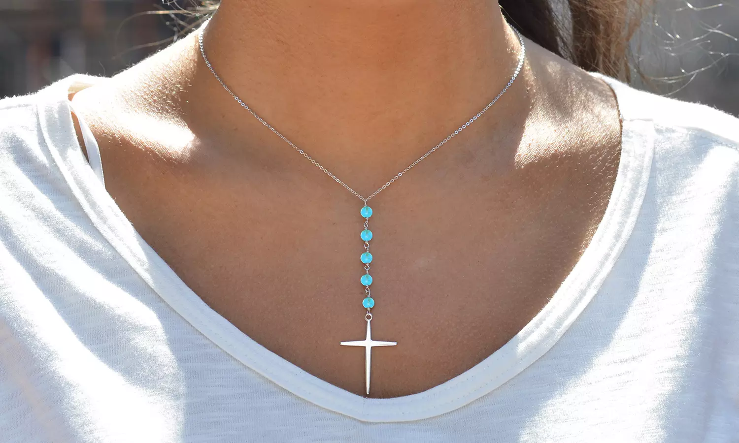 2.00 CTTW Genuine Turquoise Beaded Cross Necklace in Sterling Silver
