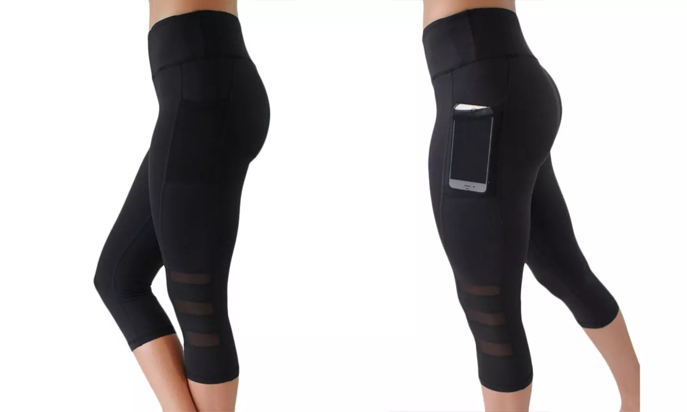Women Side Pocket Mesh Splice Tummy Control High Waist Capri Leggings Yoga Pants