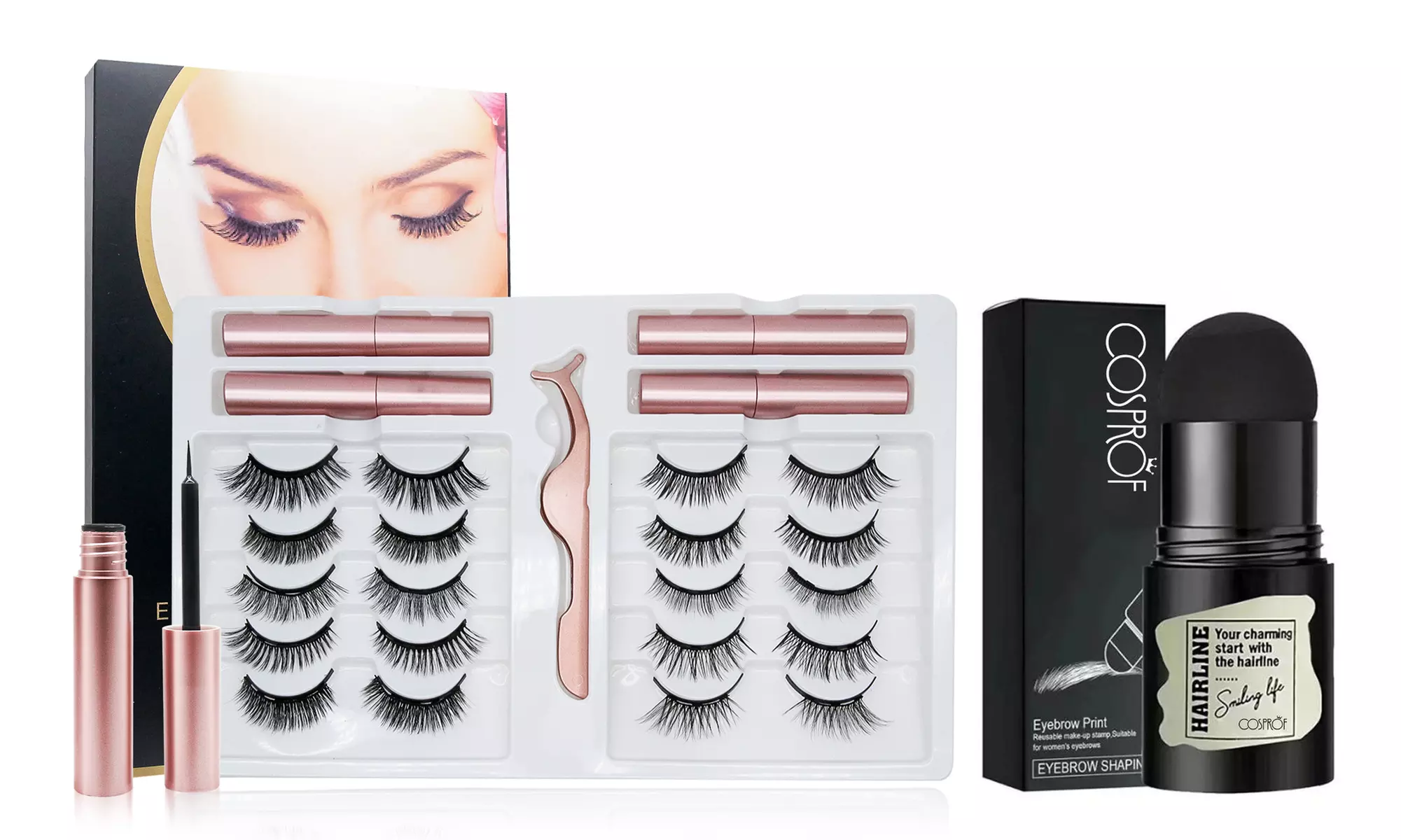 10 Pairs Reusable Magnetic Eyelashes 4 Tube Eyeliner & Eyebrow Stamp Stencil Kit - Primary Image