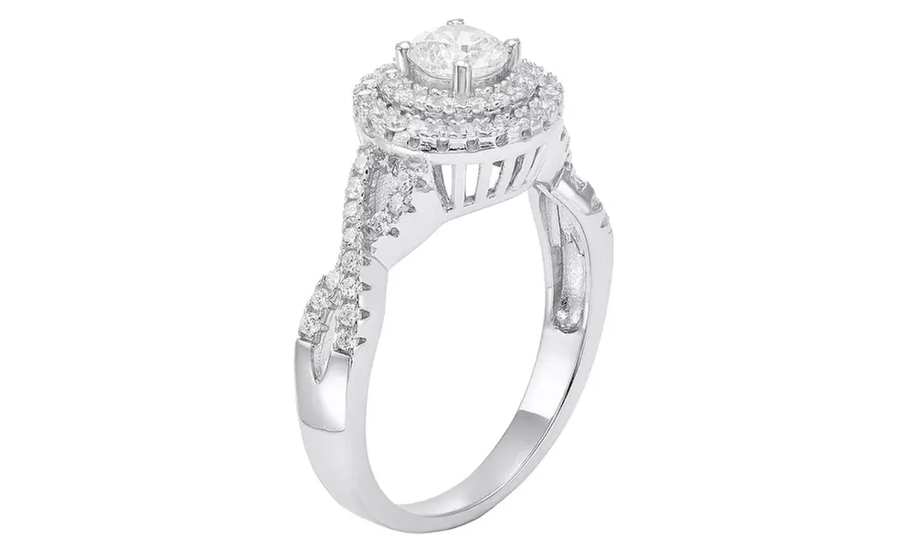 Sterling Silver Double Halo Frame Round-cut Swarovski & CZ Twisted Shank Ring
