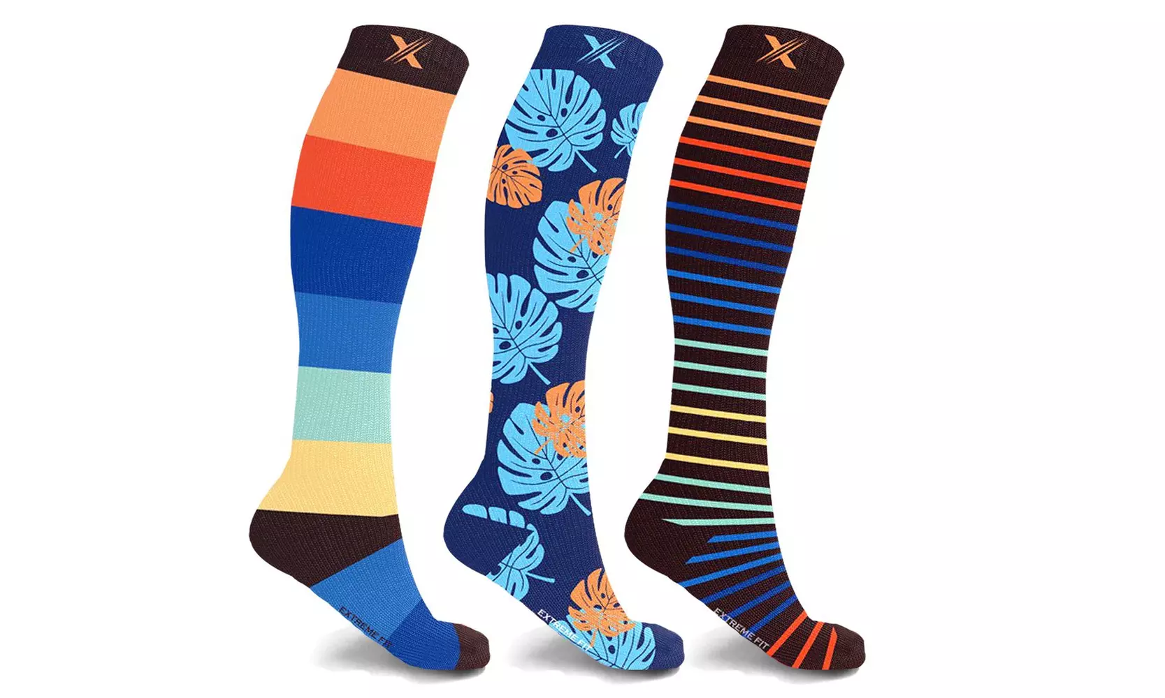 XTF Men's Collection Fun Novelty Patterned Knee-High Compression Socks (3-Pairs)